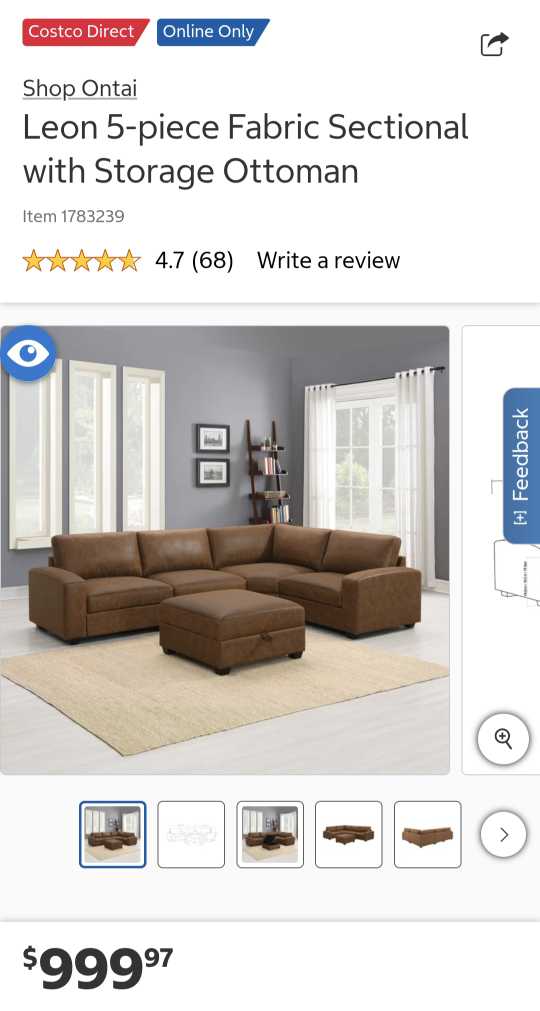 Leon 5 piece Fabric Sectional With storage Ottoman (costco)