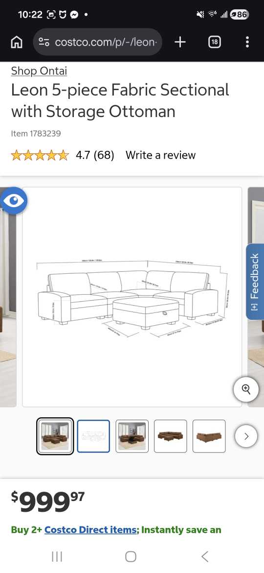 Leon 5 piece Fabric Sectional With storage Ottoman (costco)